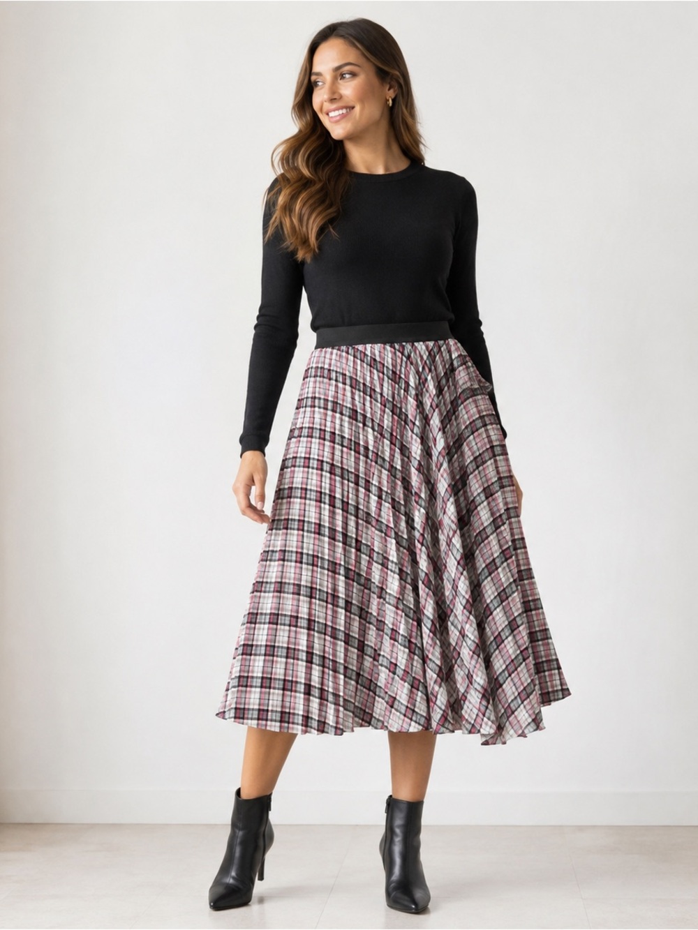 Riley & Rae Avery Plaid Pleated Midi Skirt Large Asymmetrical